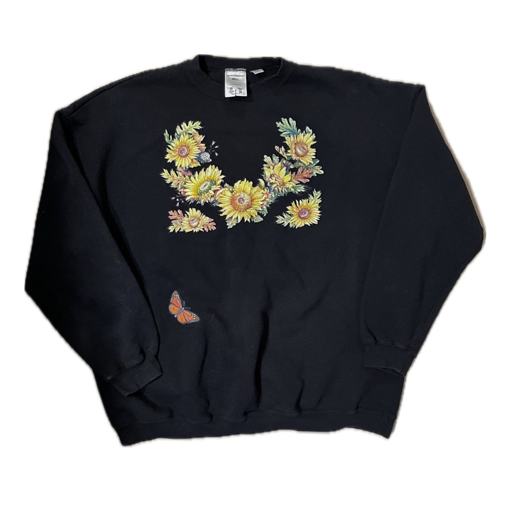 Black Crewneck Sweatshirt with Sunflower & Butterfly Motif